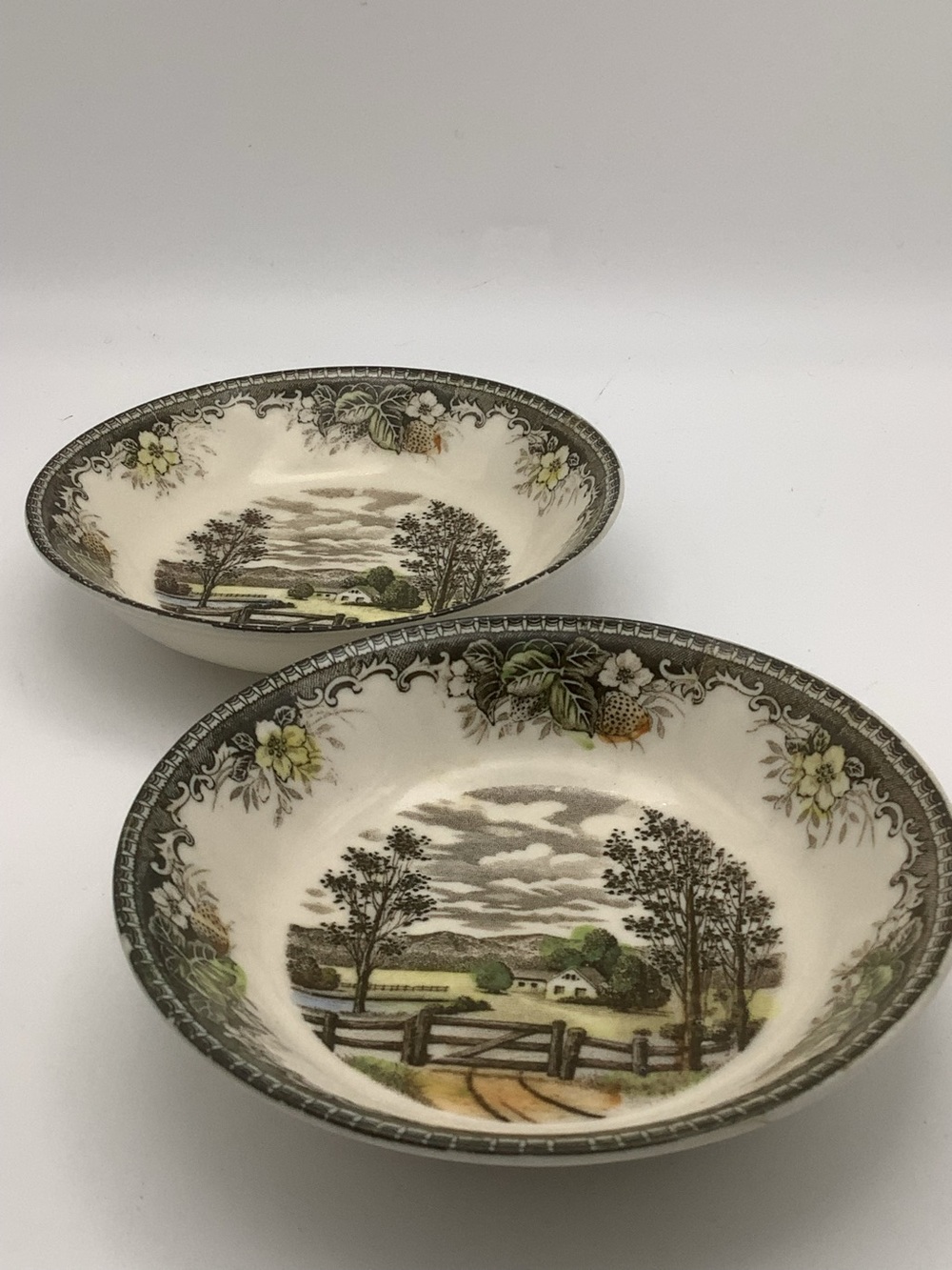 Two Japan Rural Scene Transferware Small Bowls in Cream and Black